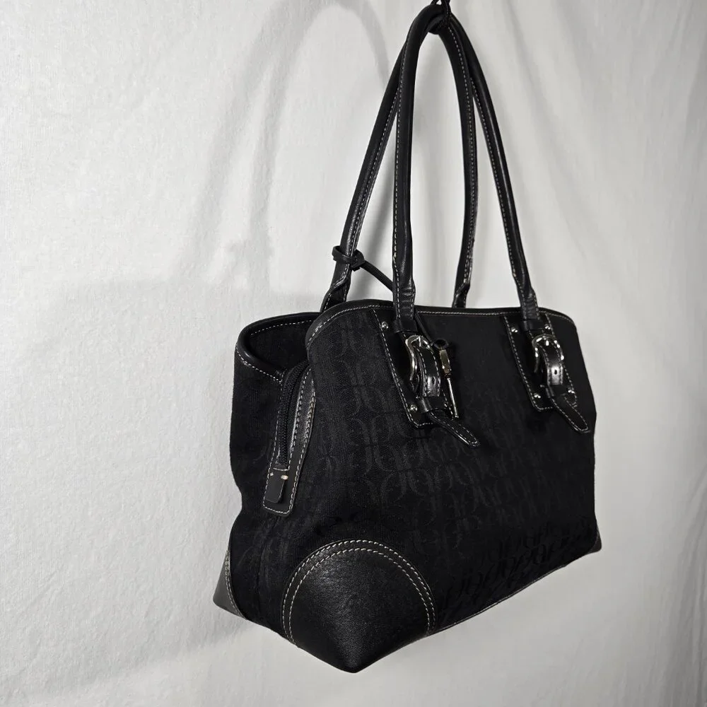 Vintage FOSSIL Y2K Whimsigoth BLACK Signature Canvas Leather Trim Shoulder Bag. - Picture 3 of 17